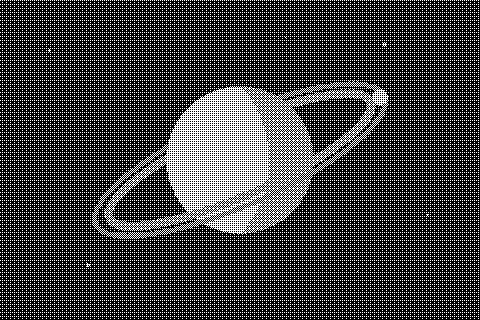 A pale planet with tilted orange and blue elliptical rings, against a sparse indigo star field. Dithered grayscale treatment.