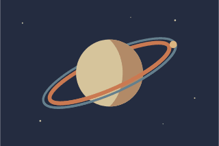 A pale planet with tilted orange and blue elliptical rings, against a sparse indigo star field.