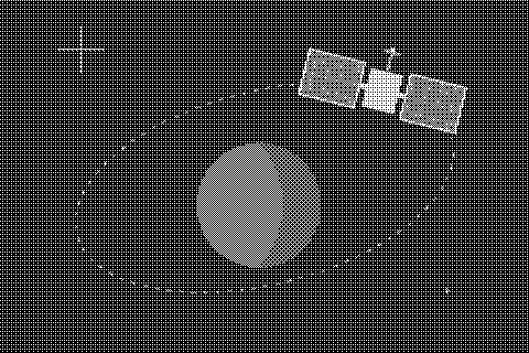 A cream satellite with rectangular solar panels follows a dashed ellipse around a rust planet. Dithered grayscale treatment.