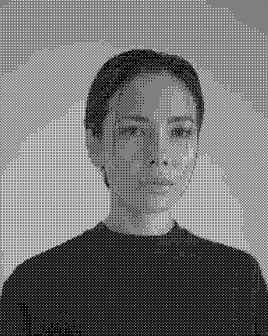 A close portrait is lit in blue against a pale purple background. Dithered grayscale treatment.