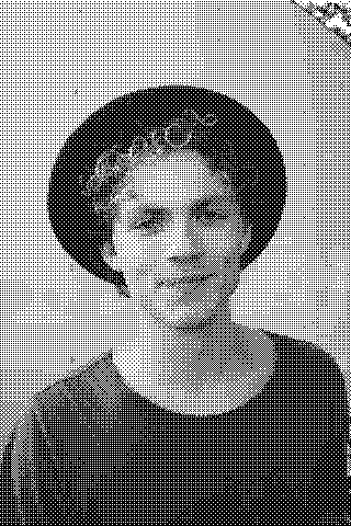 A curly-haired person wearing a black hat stands against a pale wall. Dithered grayscale treatment.