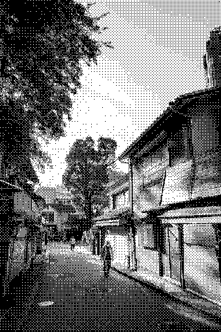 Warm sunlight falls across wooden buildings and the narrow street between them. Dithered grayscale treatment.