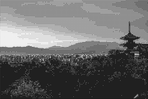 A pagoda overlooks a dense city under a warm evening sky. Dithered grayscale treatment.