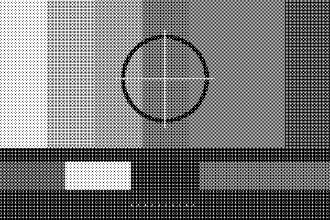 Seven muted color bars above a dark strip of calibration blocks and a centered ring. Dithered grayscale treatment.