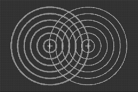 Two offset sets of concentric circles overlap in orange and pale blue on a deep indigo ground. Dithered grayscale treatment.