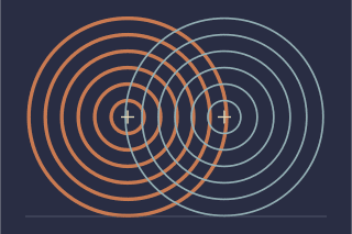 Two offset sets of concentric circles overlap in orange and pale blue on a deep indigo ground.