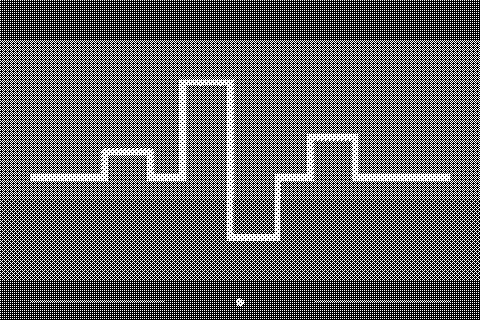 A stepped cream pulse crosses horizontal rust and blue bands, with fine vertical timing marks. Dithered grayscale treatment.