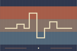 A stepped cream pulse crosses horizontal rust and blue bands, with fine vertical timing marks.