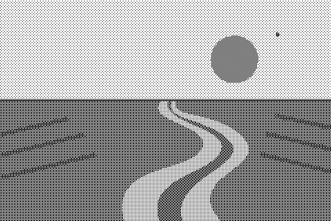 A cream crescent of water winds between rust-colored banks beneath a small orange sun. Dithered grayscale treatment.