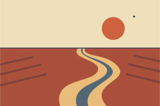 A cream crescent of water winds between rust-colored banks beneath a small orange sun.