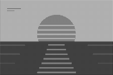 A striped orange sun sinks into indigo water, with a narrow reflection reaching the foreground. Dithered grayscale treatment.