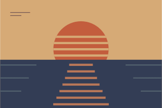 A striped orange sun sinks into indigo water, with a narrow reflection reaching the foreground.