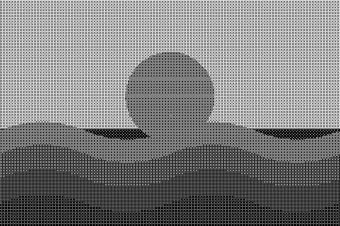 A burnt orange sun above layered terracotta and indigo waves. Dithered grayscale treatment.
