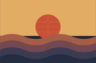 A burnt orange sun above layered terracotta and indigo waves.